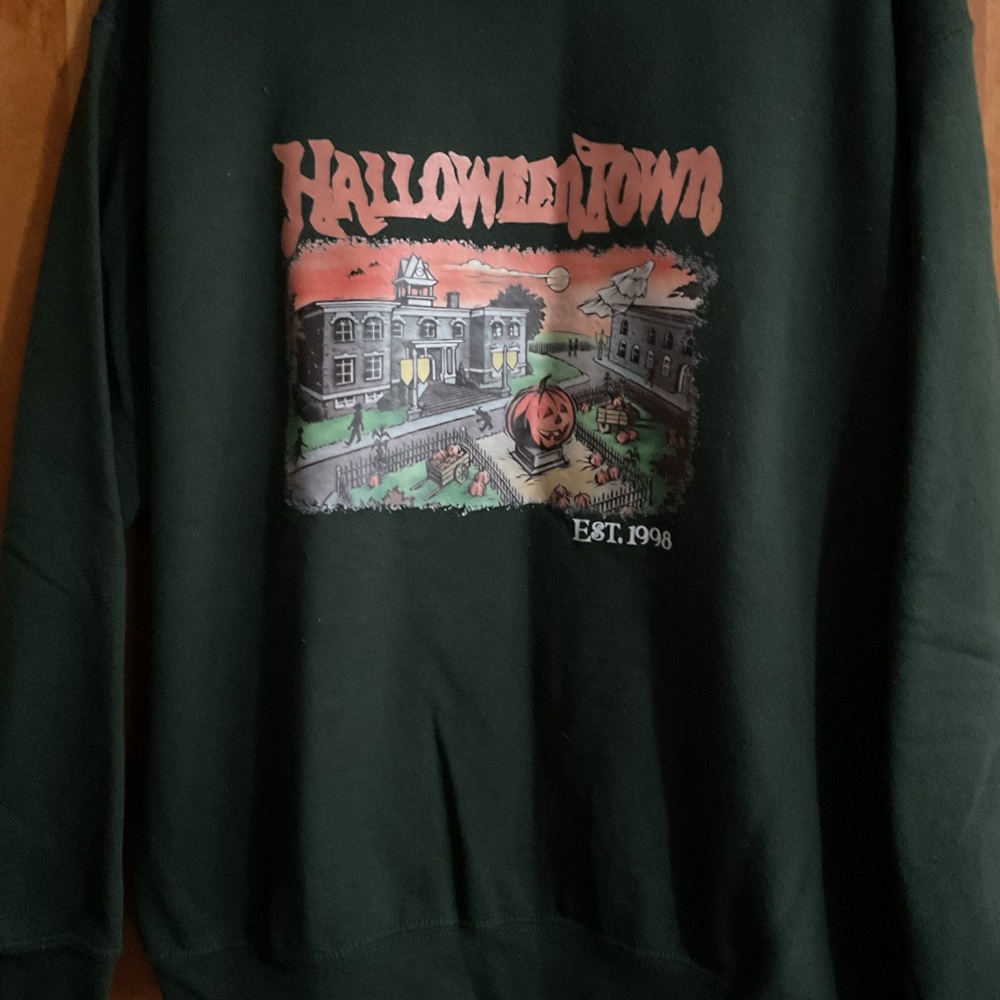 Halloween Town Graphic Sweatshirt - Dark Green with Orange Print